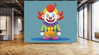 A cheerful cartoon clown with vibrant red hair and colorful attire stands confidently, ready to entertain and bring joy to any event Wall mural