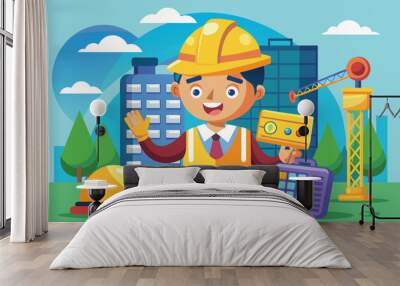 A cheerful cartoon construction worker stands in a park, holding tools and greeting viewers, with buildings and cranes in the background under a clear sky Wall mural