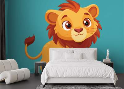 A cheerful cartoon lion with a fluffy mane playfully poses against a bright blue backdrop, a cartoon character cute lion Wall mural