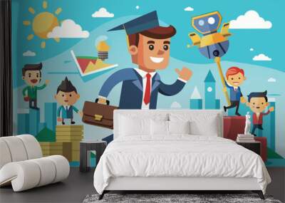 A cheerful graduate walks confidently carrying a briefcase while various characters celebrate career milestones in a lively city environment Wall mural