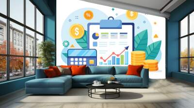 A clipboard displaying a chart alongside stacks of coins, illustrating financial data and analysis, monthly report, charts calendars coins, Simple and minimalist flat Vector Illustration Wall mural