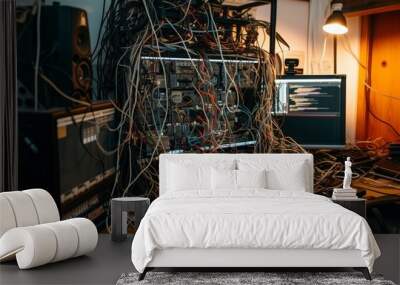 A cluttered desk with multiple tangled wires and cables strewn across its surface, A tangled mess of cords by a home workspace, AI Generated Wall mural