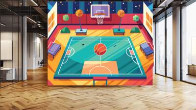 A colorful indoor basketball court features hoops, basketballs, and benches under bright lights, inviting players for a game in a lively atmosphere Wall mural