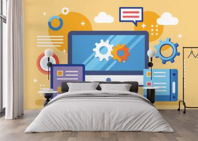 A computer monitor, tablet, and other electronic devices arranged on a desk, Install the software to the computer, Simple and minimalist flat Vector Illustration Wall mural