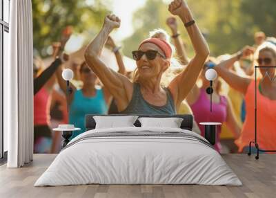 A crowd watches as a group of women gracefully perform a synchronized yoga routine, A diversely aged group participating in a Zumba class, AI Generated Wall mural