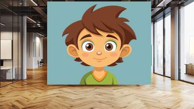 A curious boy with brown hair wearing a green shirt, Curiosity child Customizable Cartoon Illustration Wall mural