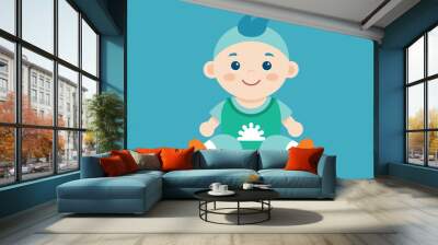 A cute baby sits happily on a soft background, wearing a colorful outfit, ready for playful activities and joyful exploration Wall mural