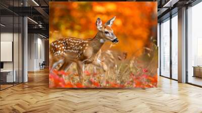 A cute deer standing in a meadow filled with orange and red flowers, Cute deer frolicking in a meadow of orange and red foliage Wall mural