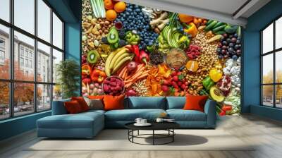 A diverse selection of vibrant and fresh fruits and vegetables grouped together in a colorful collage, A colorful collage of various organic foods arranged in a visually pleasing manner Wall mural