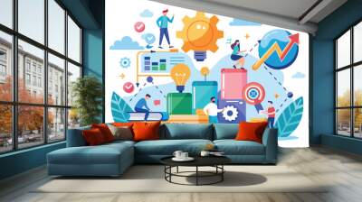 A diverse team collaborates on business growth strategies using charts, tools, and creative elements to enhance productivity and innovation Wall mural