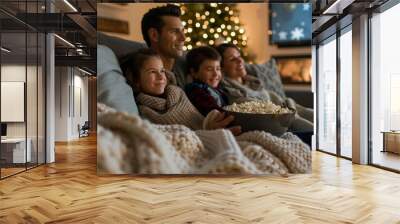 A family of four sitting together on a couch, engrossed in watching a holiday movie, A family watching a holiday movie together, snuggled up on the couch with blankets and bowls of popcorn Wall mural