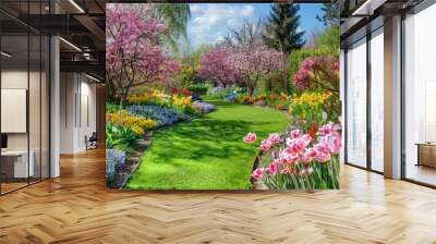 A garden bursting with colorful flowers next to a lush green field under the spring sun, A tranquil spring garden bursting with colorful flowers and blooming trees Wall mural