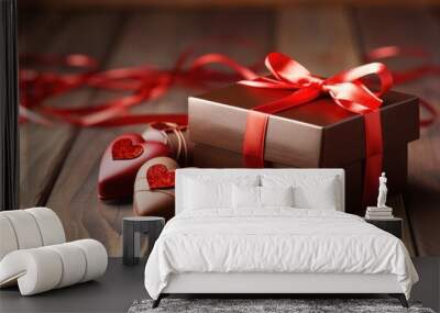 A gift box containing two heart-shaped chocolates, beautifully presented with a red ribbon, gift boxes with chocolate and red heart on wooden background, AI Generated Wall mural