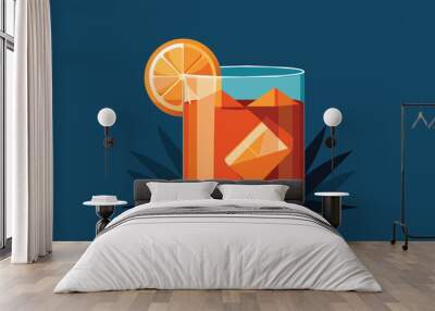 A glass filled with orange juice and garnished with a fresh slice of orange on the rim, Old fashioned cocktail Customizable Semi Flat Illustration Wall mural