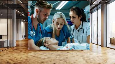 A group of doctors discussing the condition of a woman in a hospital bed, Medical professionals providing guidance on emergency procedures Wall mural