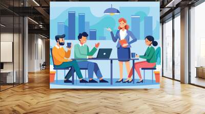 A group of individuals sitting around a table, engaged in a meeting, with a laptop open in front of them, business people conduct meetings, Simple and minimalist flat Vector Illustration Wall mural