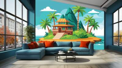 A house situated on a tropical island surrounded by palm trees under a clear sky, Tropical island Customizable Semi Flat Illustration Wall mural