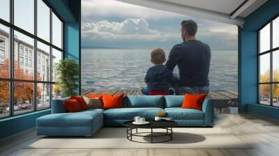 A man and a child sit on a dock, gazing at the water in front of them, A father and son sitting on a pier, looking out at the ocean Wall mural