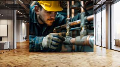 A man in a hard hat is seen soldering copper pipes in a construction setting, A plumber soldering copper pipes Wall mural