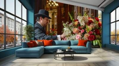 A man in formal attire and a hat arranging a bouquet of flowers neatly on a table, A bellhop arranging fresh flowers in the hotel's grand entrance Wall mural