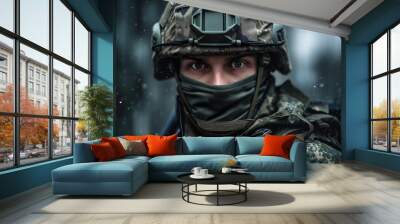 a man wearing a camouflage helmet and goggles stands outdoors in military gear, realistic portrait o Wall mural