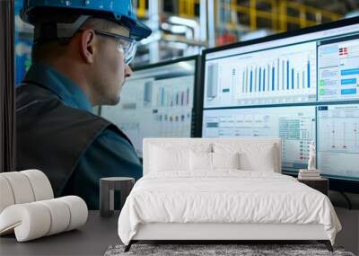 A man wearing a hard hat is focused on his computer, likely analyzing data or working on a project, Engineers visualize data trends on a SCADA system for predictive maintenance Wall mural