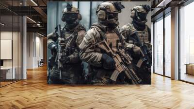 A military special force with futuristic tactical gear and weapons. Modern warfare infantry troops with assault rifles and bulletproof vests. Futuristic army force with tactical helmets. Generative AI Wall mural