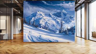 A painting featuring a mountain covered in snow with visible tracks in the snow, possibly from a snowboarder, A serene mountain landscape with a snowboarder carving fresh tracks in the snow Wall mural