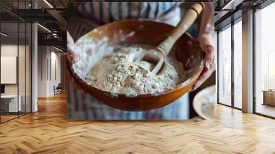 A person holds a wooden bowl filled with flour, Mixing flour and sugar together in a bowl Wall mural