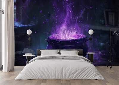 A pot bubbling with purple flame, emitting an eerie glow, A cauldron bubbling with mysterious potions Wall mural