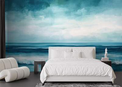 A realistic painting showcasing a vast expanse of ocean, with crashing waves and a distant horizon, A serene seascape with a blend of turquoise and indigo creating a calming effect, AI Generated Wall mural