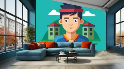 A semi flat illustration of a young man with a red headband standing in front of two buildings, Add files Customizable Semi Flat Illustration Wall mural