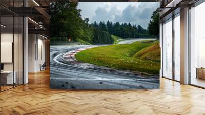 A sharp curve in the road with trees lining the background, Sharp turns and challenging corners of the circuit Wall mural