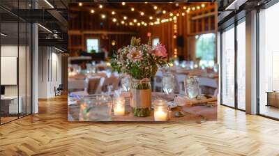 A table adorned with a vase of flowers and candles, part of the rustic barn wedding decorations, A rustic barn wedding with string lights and mason jar centerpieces Wall mural