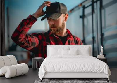 A truck driver wearing a classic red and black plaid shirt and hat, A truck driver in a classic red and black plaid shirt, adjusting their hat Wall mural