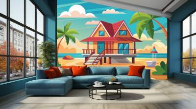 A vibrant beach house sits by the ocean with palm trees swaying in the breeze under a bright blue sky and fluffy clouds Wall mural