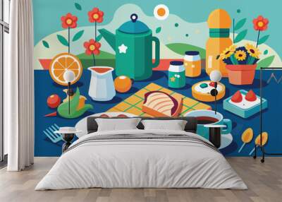 A vibrant breakfast spread features fruits, toast, pastries, coffee, and tea, set on a table adorned with flowers in a cheerful kitchen atmosphere Wall mural