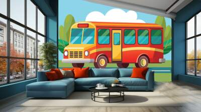 A vibrant cartoon city bus stands parked along a sunny road, with colorful design features and surrounded by green foliage under a clear blue sky Wall mural