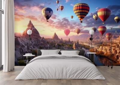 A vibrant scene of multiple hot air balloons gracefully floating in the air, creating a breathtaking spectacle, Majestic hot air balloons floating over Cappadocia, AI Generated Wall mural