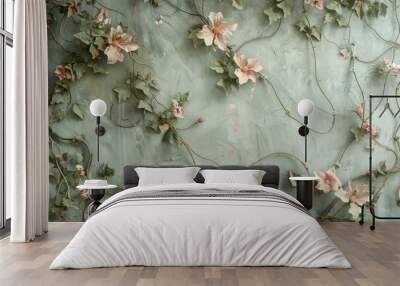 A wall fully covered in delicate pink flowers and vines, Delicate flowers and vines intertwining Wall mural