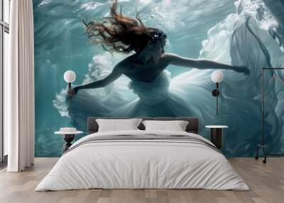 A woman gracefully floats in water wearing a white dress, A graceful underwater ballet of movement Wall mural