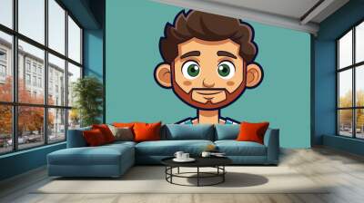 A young man with a beard and vibrant green eyes smiles cheerfully, showcasing a customizable cartoon character design with colorful attire Wall mural