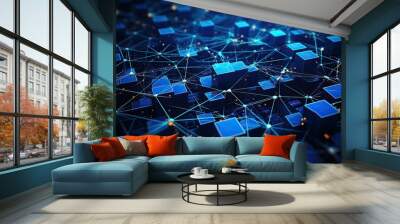 Abstract blue background with connection and network concept. 3D Rendering, Big data flow in cyber blockchain fields with blue network system, AI Generated Wall mural