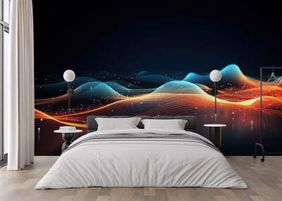 abstract wave background with glowing lines and particles illustration. Abstract digital background with flowing waves and data points, AI Generated Wall mural