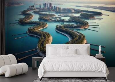 Aerial panoramic view of Dubai Marina at sunset, United Arab Emirates, Aerial View Of Palm Island In Dubai, AI Generated Wall mural