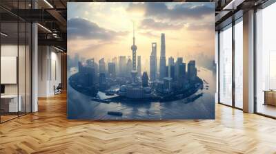 Aerial view of modern cityscape surrounded by vast ocean, Render the skyline as a futuristic cityscape, combining elements of technology and innovation Wall mural