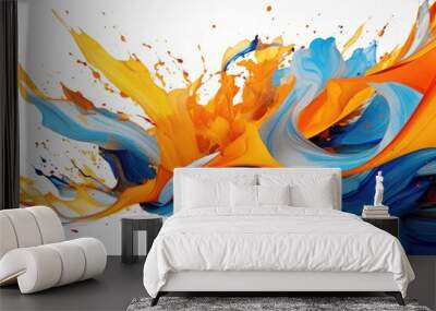 An expressive abstract painting featuring a vibrant combination of blue, orange, and yellow hues, Illustrate the intensity of a splash of orange and blue in a chaotic, abstract manner, AI Generated Wall mural