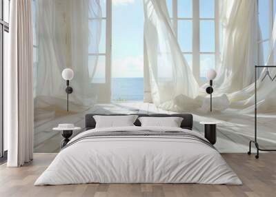 An open window with billowing white curtains, revealing a view of the ocean, A peaceful space with white curtains billowing in the breeze Wall mural