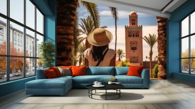 Back view of asian woman wearing hat looking at mosque in morocco, rear view of a Woman looking at Koutoubia mosque minaret-Tourism in Marrakech, Morocco, AI Generated Wall mural