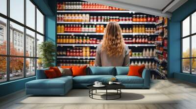 back view of young woman looking at jars with canned food in supermarket, A woman comparing products in a grocery store, AI Generated Wall mural